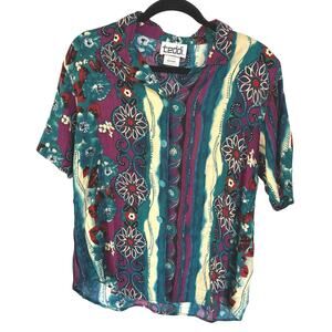 Vintage Teal Artsy Beach Boho Granola Blouse Surf Travel Laguna Medium